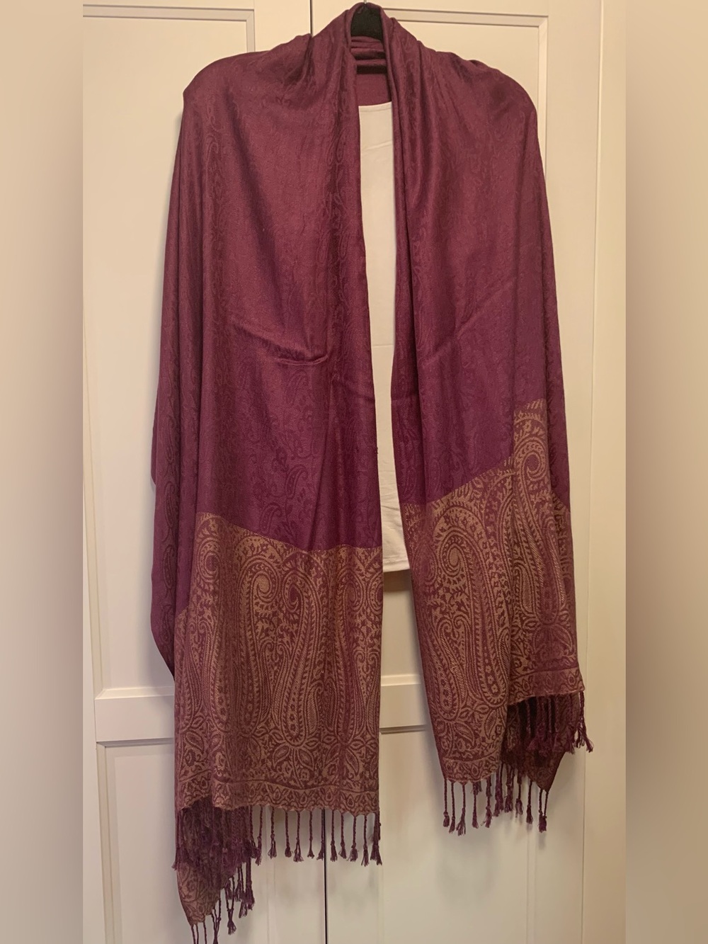 Paisley Fringe Wrap Scarf - Deep Plum & Gold Accent